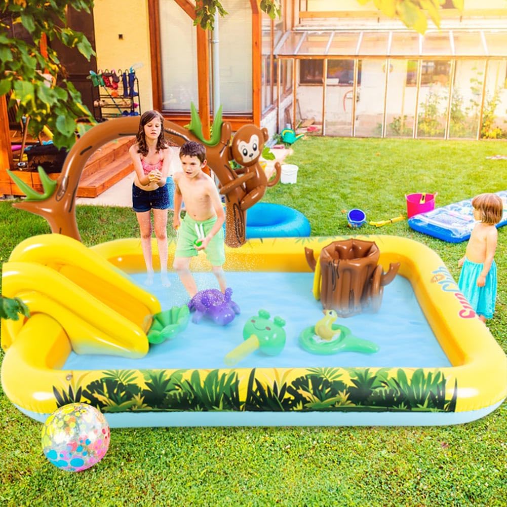 Inflatable Play Center, Inflatable Swimming Pool with Slide, Cartoon Animals Sprinkler Toy with Base Pool, Monkey, Tree Stump for Garden Backyard