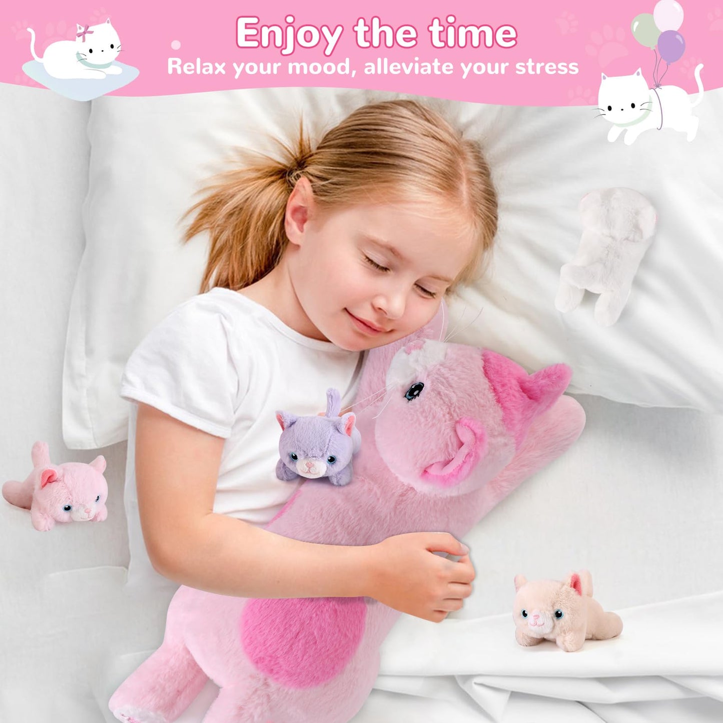 gnomantic 5 Pieces Cat Stuffed Animals with Babies Inside Belly - 1 Mommy Stuffed Cat with 4 Kittens - Stuffed Kitty Plush Toys for Kid Age 3-8, Gift Ideal for Christmas, Valentine's, Birthday (Pink)