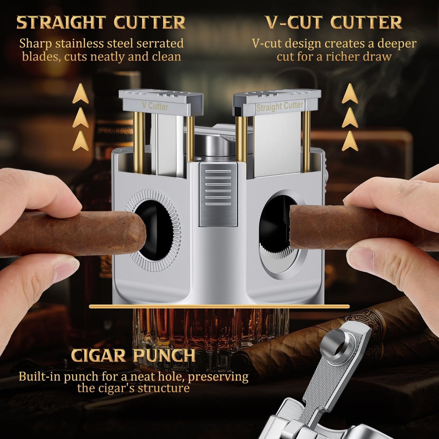 XIFEI 8-in-1 Desktop Cigar Lighter with Straight V-Cut Cutter, 3 Ashtrays, 3 Draw Enhancer Tools, 2 Stands, Cigar Punch, 4 Jet Flame Butane Torch Lighters, Luxury Accessories Gift Set (Silver)