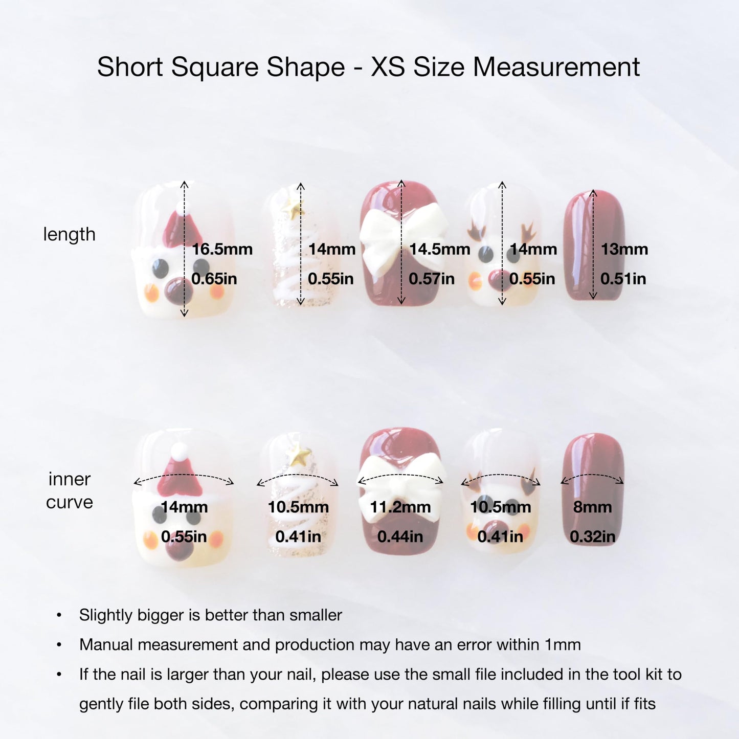 [GLORS] Christmas Press-on Nails, Short Square Festive Design, Holiday Nail Art Set with Reindeer and Bow, 10 Pieces (XS, SS)