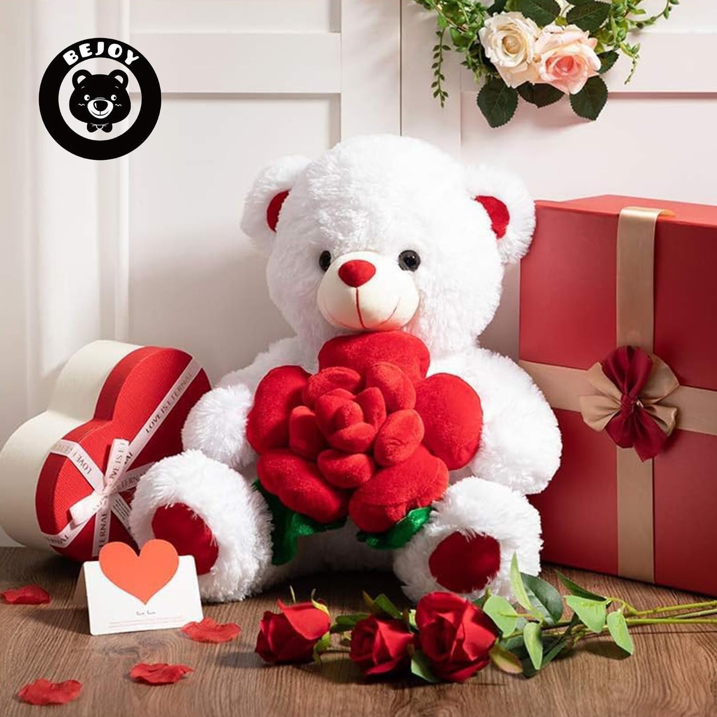BEJOY Teddy Bear Stuffed Animals Plush Bear Holding Rose Soft Plush Toy Gifts 16 inches White