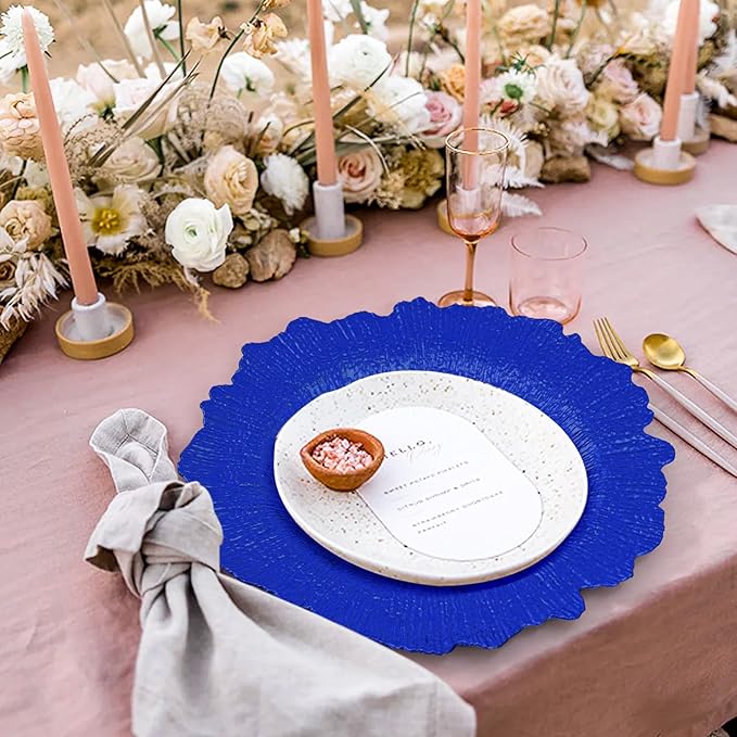 50 Pcs Royal Blue Charger Plates Bulk 13 Inch Plastic Charger Plates for Dinner Plate, Royal Blue Chargers for Table Setting, Reef Design Plate Floral Decorative Round Chargers for Wedding Party Event