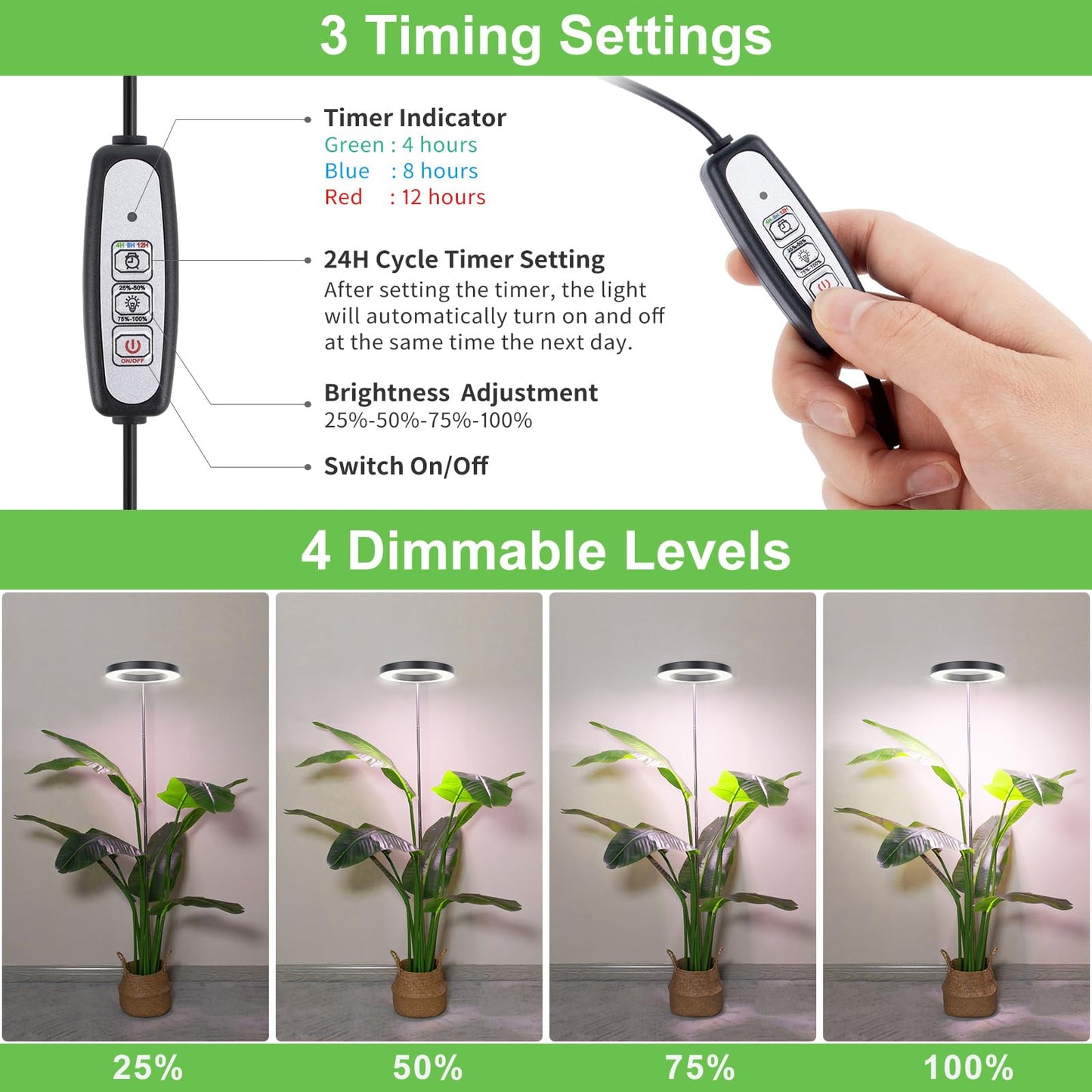 LBW Plant Grow Light, 72 LEDs Full Spectrum Grow Lights for Indoor Plants, Brightness Adjustable Plant Light with Auto 4/8/12H Timer, 10.4”-59” Height Adjustable, Ideal for Large Tall Plants, Black