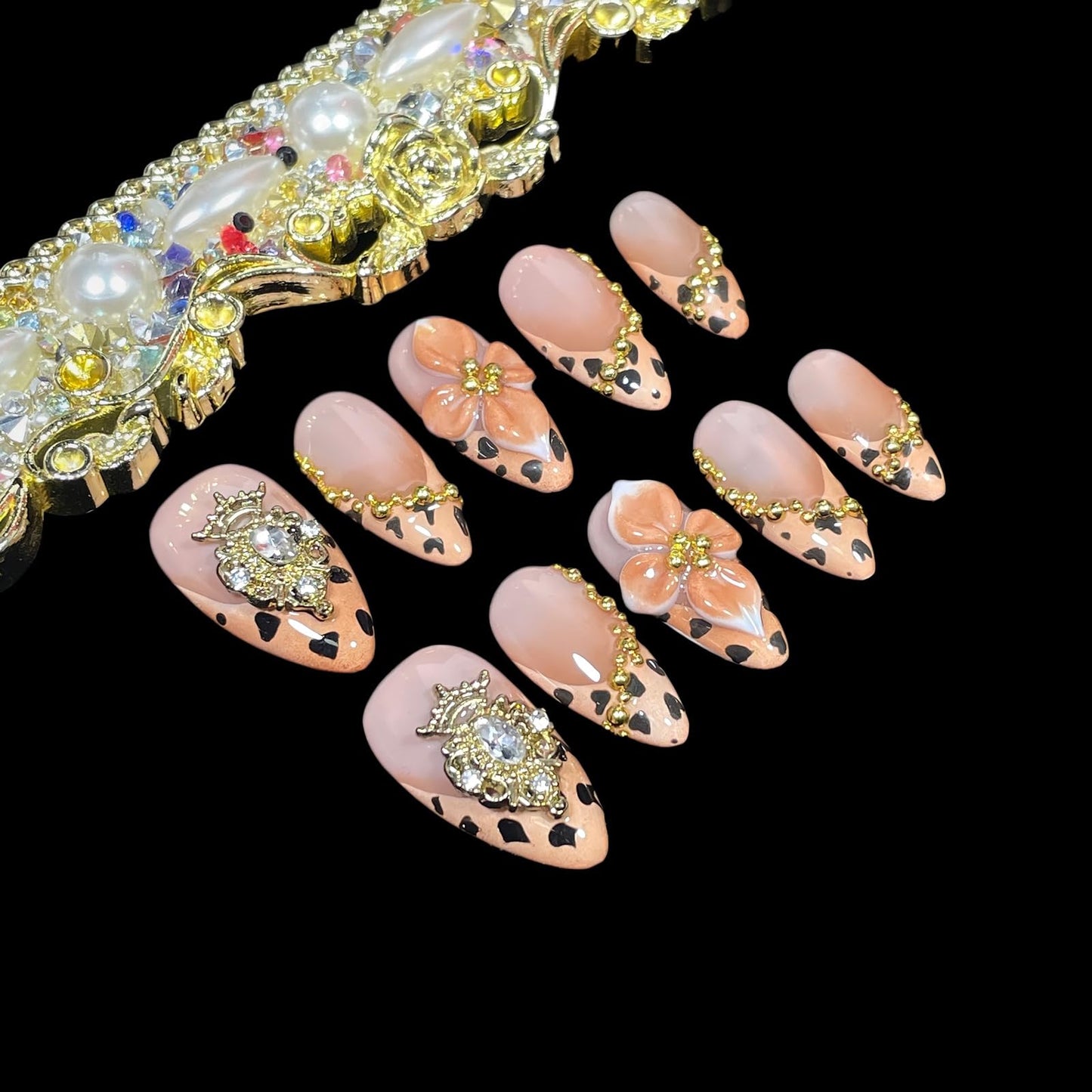 Handmade Press on Nails 3D Flower, Almond Shape, Gold Crown Jewels, Leopard Print Design, Luxury Reusable Acrylic False Nails (Gold Crown, S)