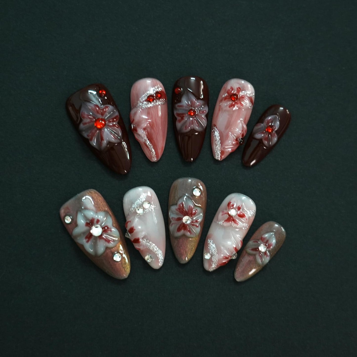 Tesytto Medium Almond Press on Nails – 3D Rhinestones & Red Ombre, Handmade Floral Thick Acrylic Gel Nails (Evil Flower, L)
