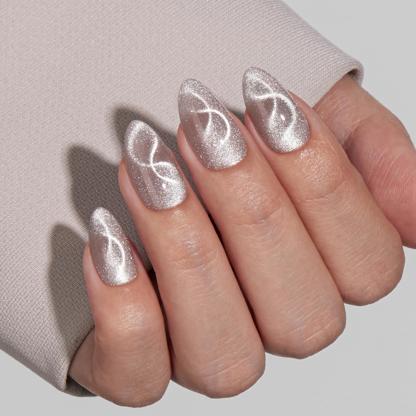 VSALON Press On Nails Short Almond, Cat Eye Spring Glue on Nails Silver Shimmer Ribbon Sparkly Fake Nails With UV Glue Reusable Salon Quality Swirl Summer Stick on Nails for Women - 32 Pcs 16 Sizes