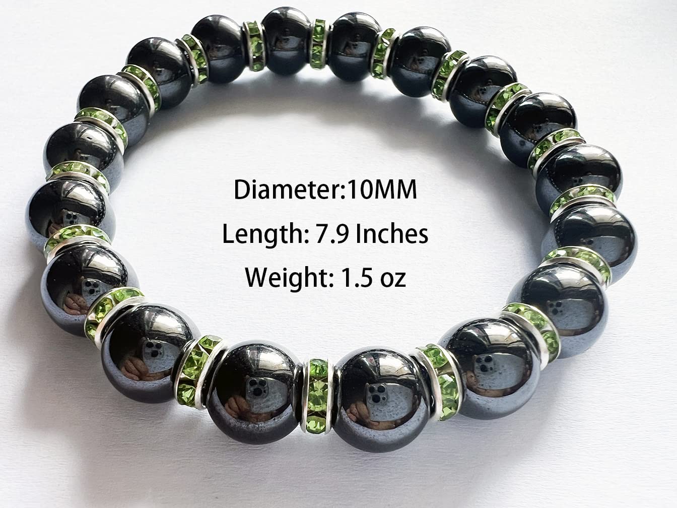 Apocalyptic-K Women's Magnetic Bracelet，Hematite Bracelets，Magnetic Bracelets With Zirconia,Handmade Stretch Bracelet，Eliminates static electricity. (Green Zirconia,10MM)