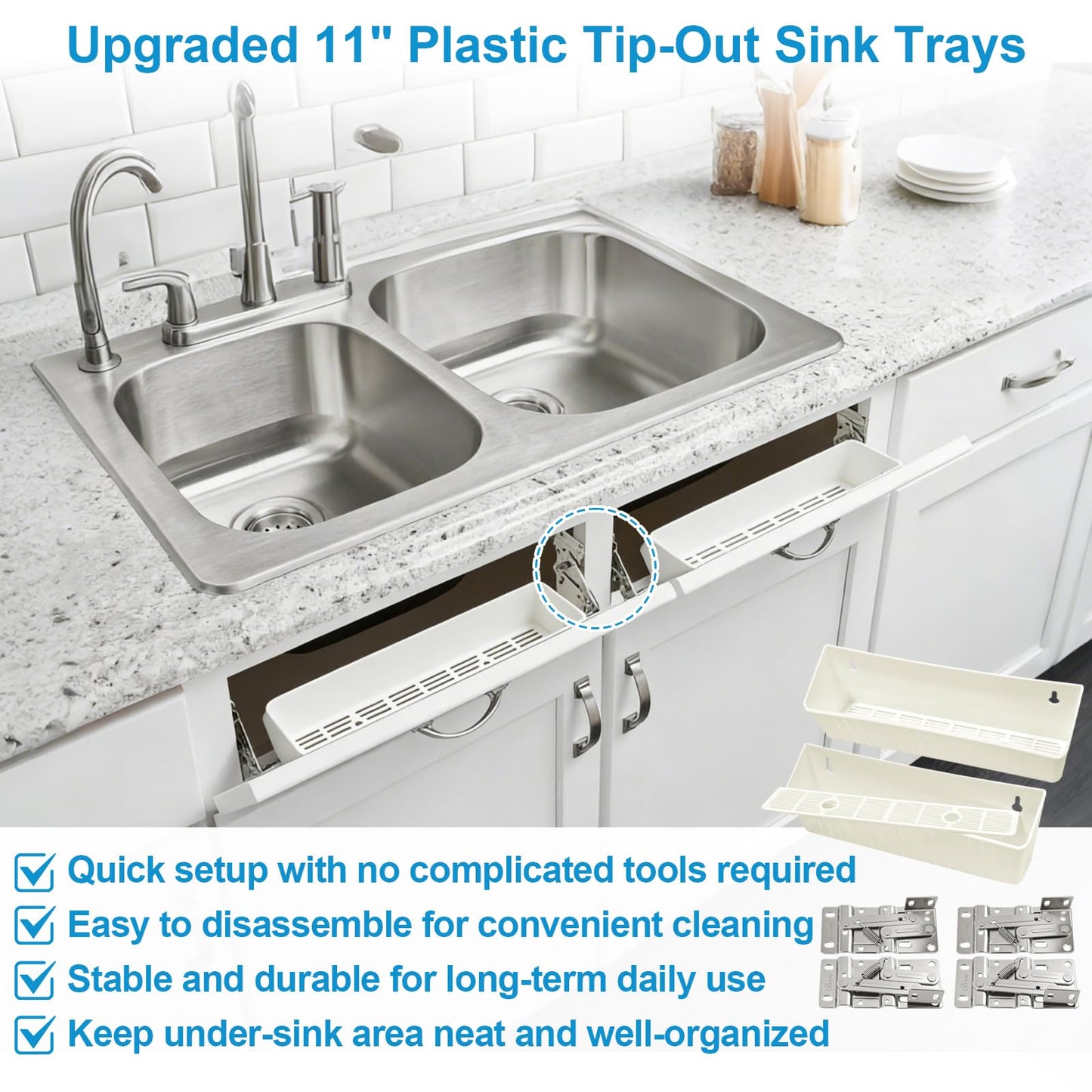 Upgraded 11" Tip-Out Plastic Sink Trays with Steel Hinges Kitchen Sink Tip Out Tray Kit, Pullout Organizer Cabinet Storage for Kitchen & Bathroom with 8 Mounting and 4 Screws, White (2 Pack)