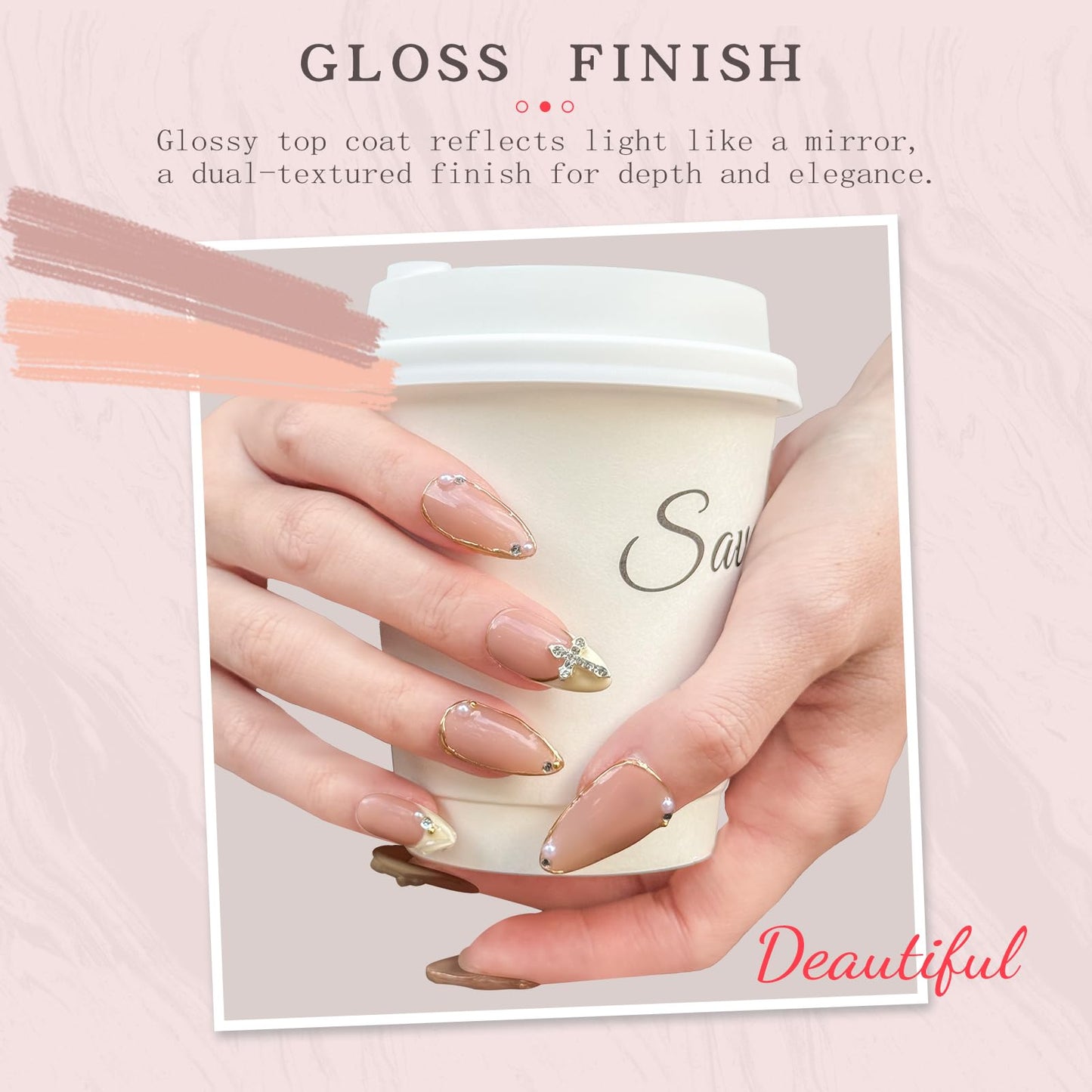 Luxury Handmade false nails，3D Gold French Cross Press-On Nails – Medium Almond Shape False Nails with Rhinestone Embellishments, Elegant Reusable Stick-On Nails(10PCS-S)