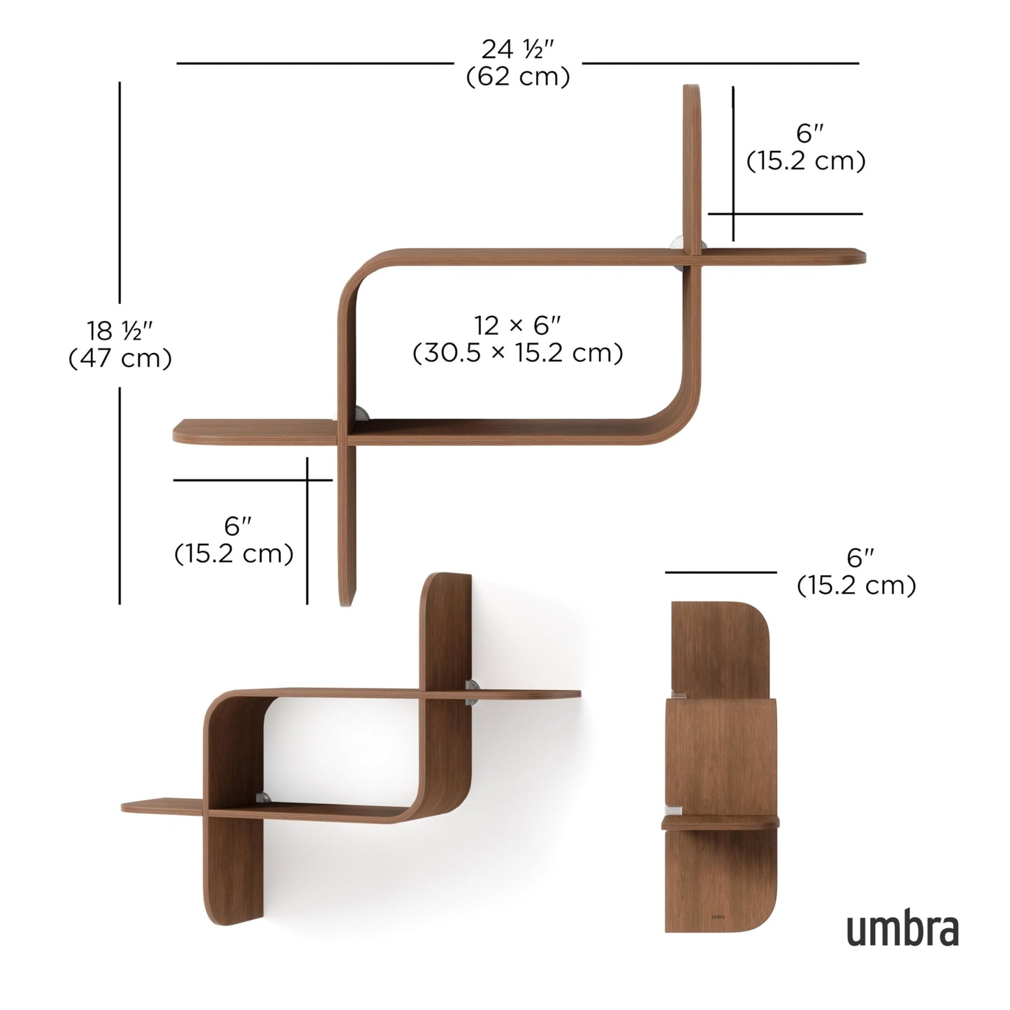 Umbra Montage Floating Wall Shelf Display Case, Made of Natural Bent Wood, Light Walnut