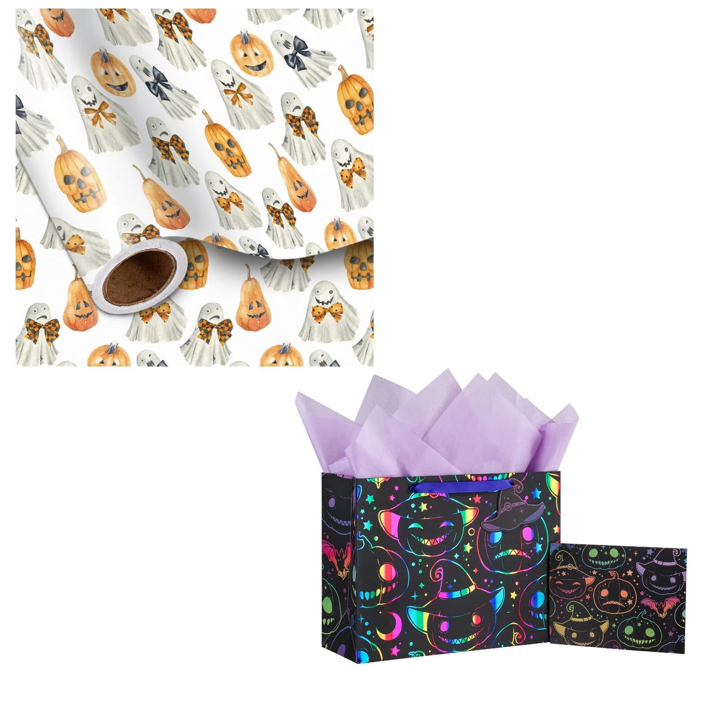 LeZakaa Halloween Wrapping Paper Roll 13" Gift Bag with Tissue Paper, Gift Tag, and Card, Evil Pumpkin Fluorescent Black Design