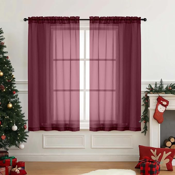 Burgundy Window Sheer Curtains 45 Inches Length, Voile Short Curtains for Living Room Bedroom, Modern Soft Window Drapes 2 Panels Set, Top Dual Rod Pocket Design, 2x42Wx45L Inches