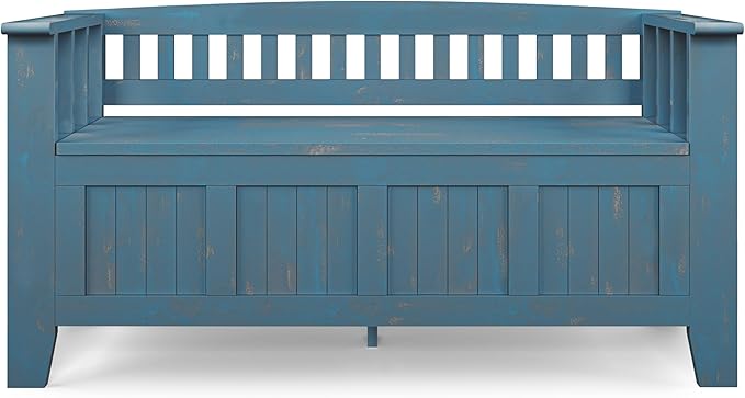 SIMPLIHOME Acadian Entryway Storage Bench - 48 inch Wide Solid Wood Hallway Seat in Distressed Coastal Blue, Transitional Bench for Entryway or Living Room with Lift-Up Lid and Spacious Storage