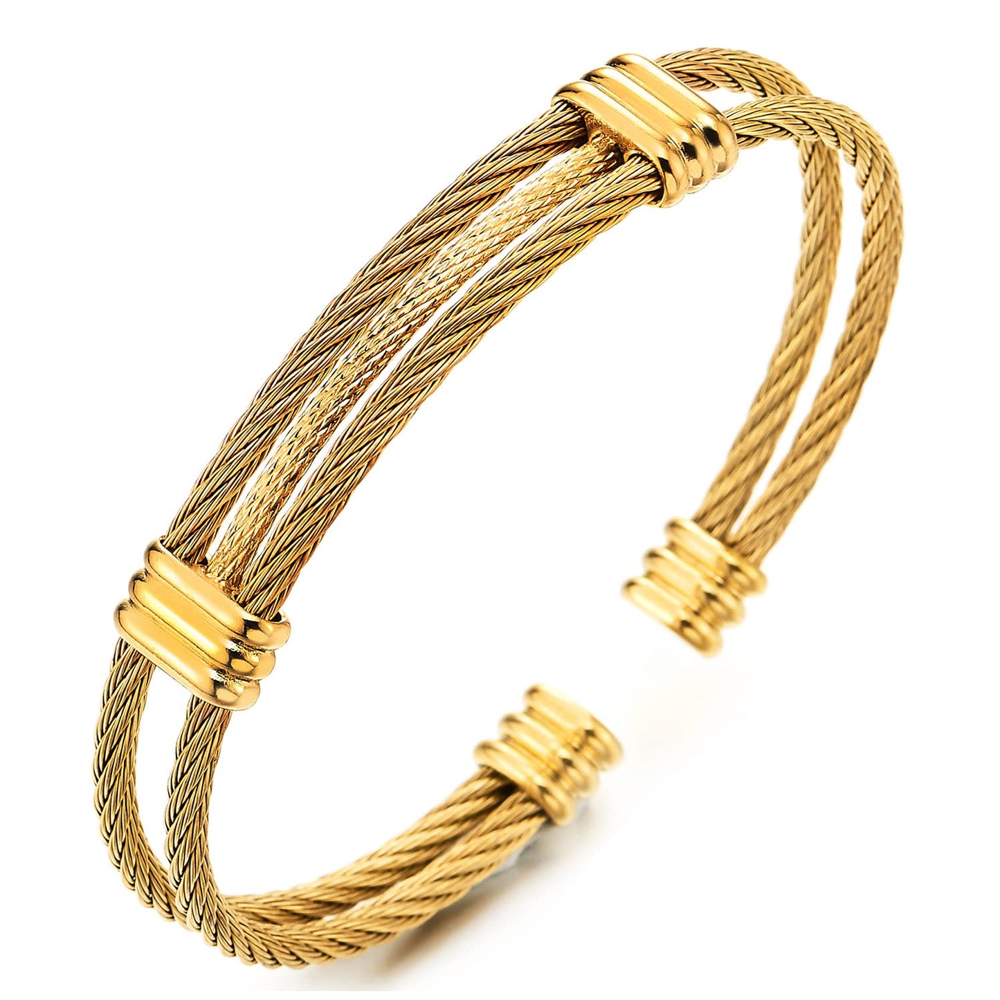 COOLSTEELANDBEYOND Men Women Stainless Steel Twisted Cable Adjustable Cuff Bangle Bracelet Gold Color