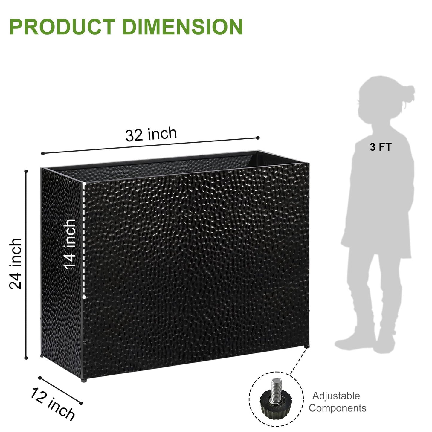 BAYN 32x12x24 Inch Rectangular Metal Planter Box – Black Hand-Hammered Metal Planter with Pre-Drill Holes, Heavy Duty Outdoor Garden Planter for Patio, Porch, Yard
