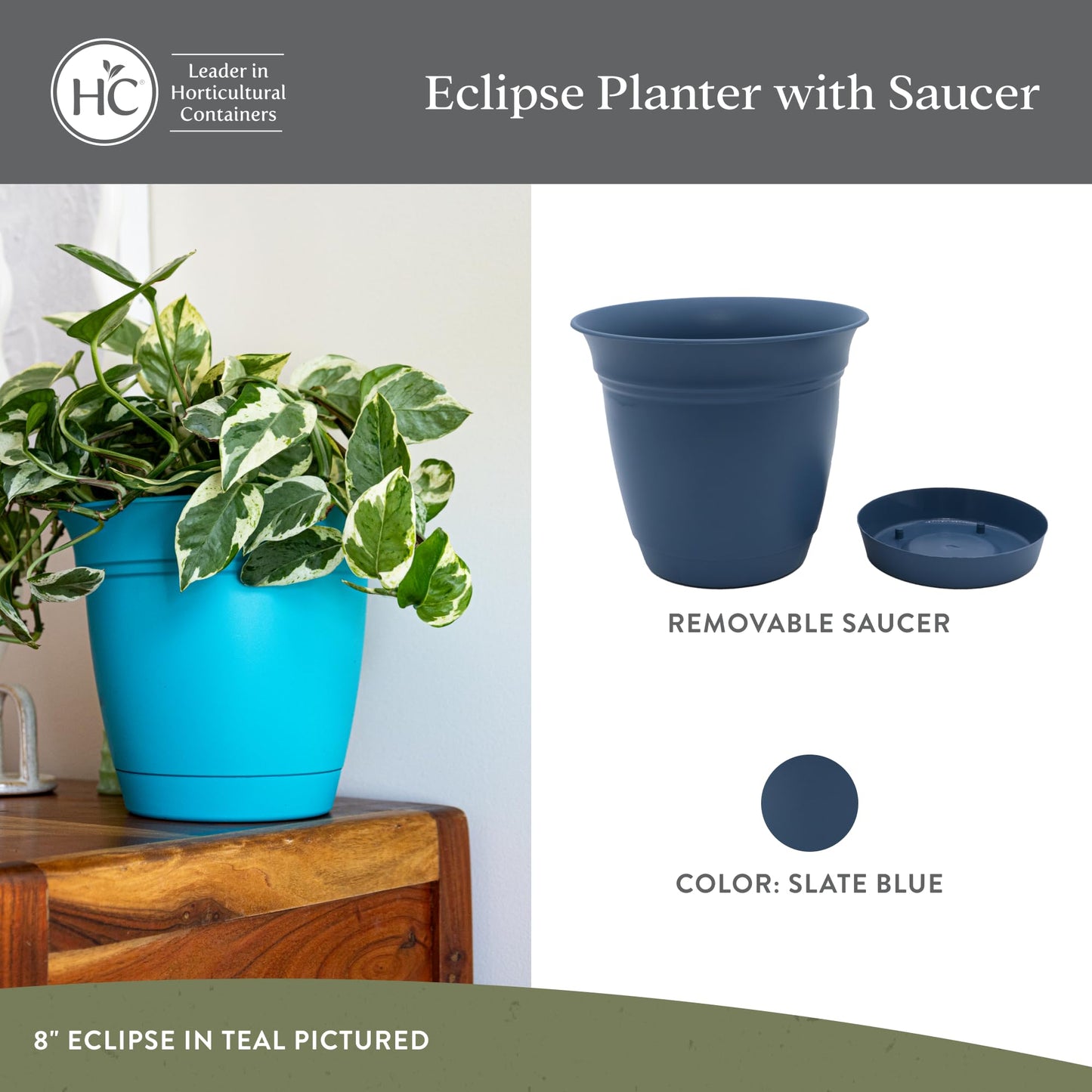 The HC Companies Eclipse Round Planter with Saucer - Outdoor & Indoor Plant Pot with Drainage Holes - Lightweight, UV-Resistant Plastic Pots for Plants, Flowers & Herbs (16" Slate Blue, Pack of 1)