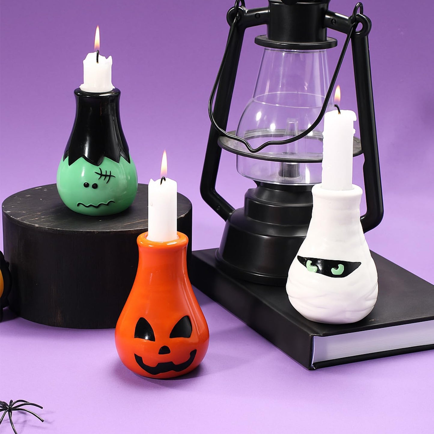 LemonRoad 3 Pcs Fun Halloween Candlestick Holders Pumpkin Wine Glass Candle Stick Holders Ceramic Taper Candle Holder for Halloween Party Holiday Office Home Decor Gift