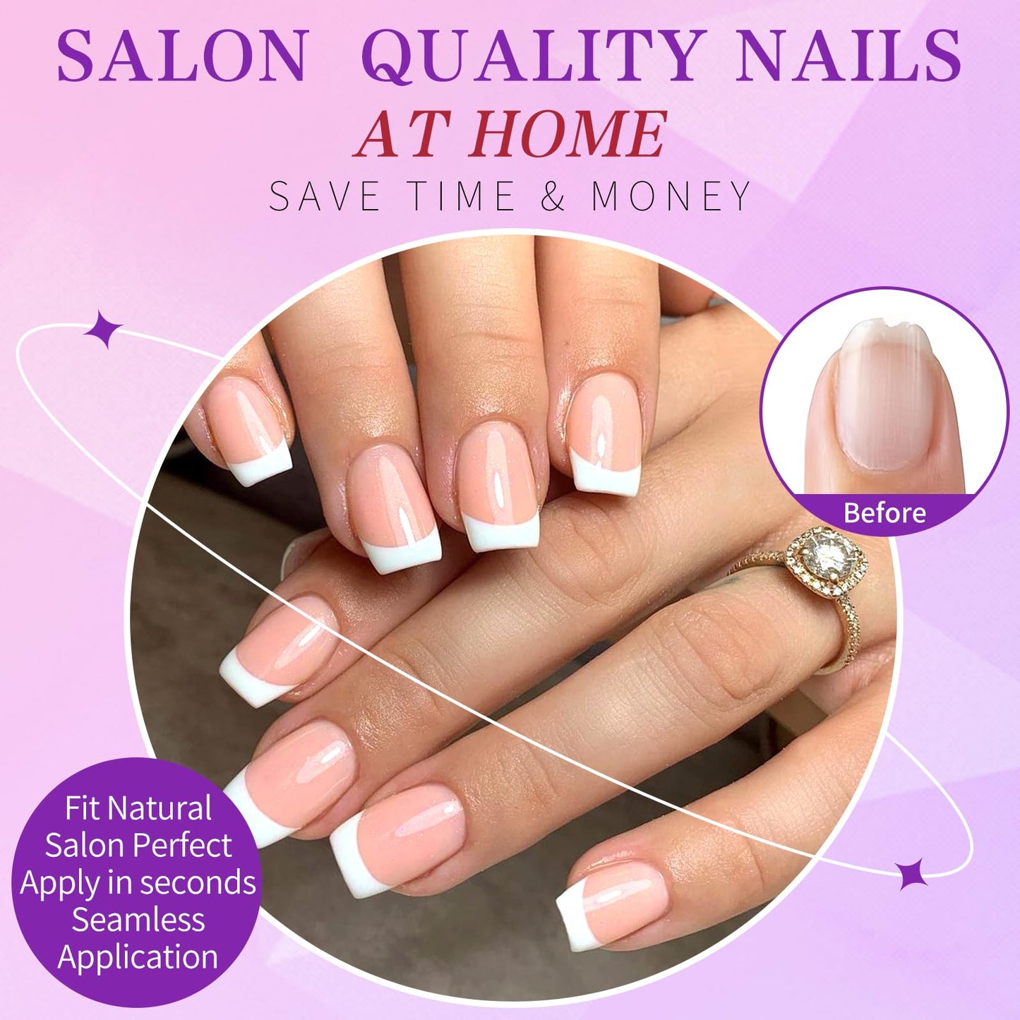 Lifextol 240pc French Tip Press On Nails Short Square Set, White French Tip, Plastic, Press-On False Nails, 120pcs per Set, 240pcs Total