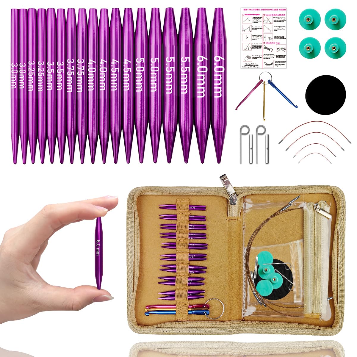 Lewhoo Circular Knitting Needles Set with 4 Cables, 9 Pair Short Aluminum Knitting Needle with Case 3.0~6.0mm Purple