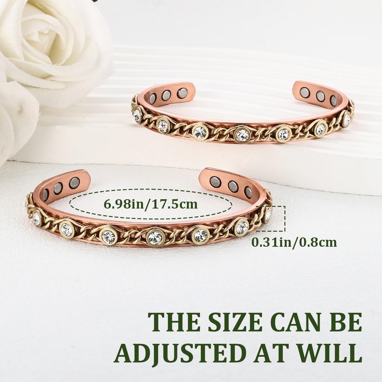 MagEnergy Handmade Copper Bracelet with Braided Twisted Wire & White CZ Stones, Copper Magnetic Cuff for Women, Adjustable Bangle & Wellness Jewelry Gift（Copper&White）