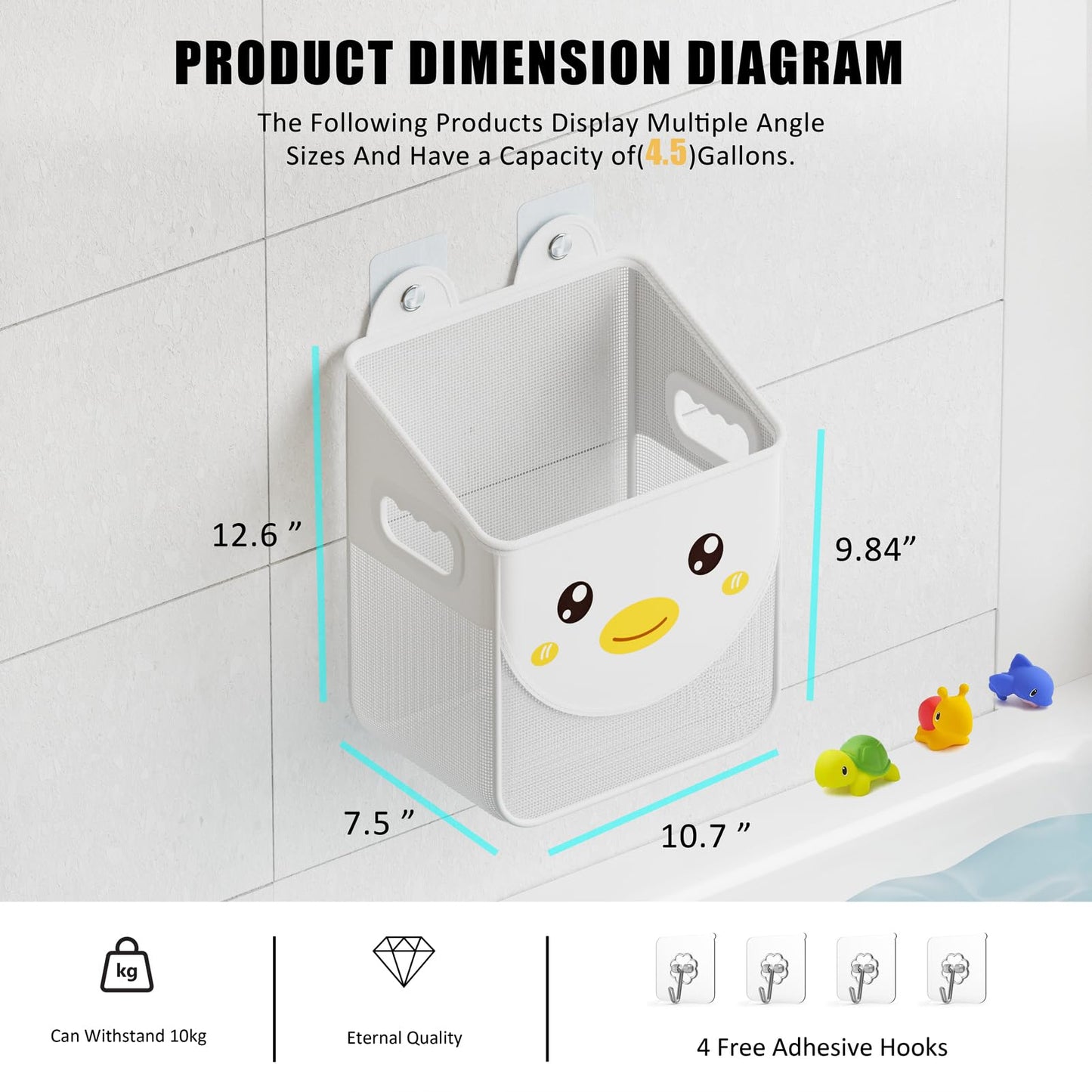 Ligereza Quick Fetch Way Bath Toy Storage, Cute Mesh Bath Toy Organizer, Large Capacity and Large Opening Baby Bathtub Toy Holder for Tub, Multipurpose Mesh Shower Bag (White)