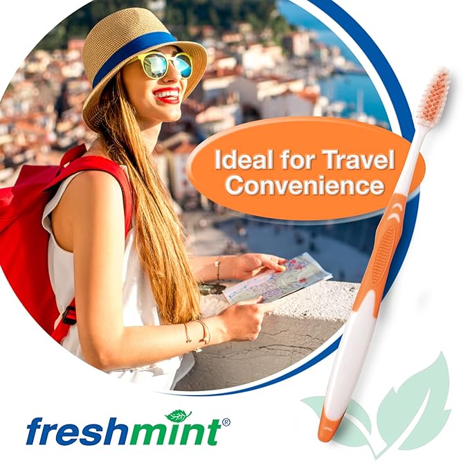 FRESHMINT Individually Wrapped Bulk Premium Toothbrushes (100 Pack), Oversized Easy Grip Rubber Handle, Soft Multi Color Nylon Bristles Perfect for Travel, Hotel, Donation