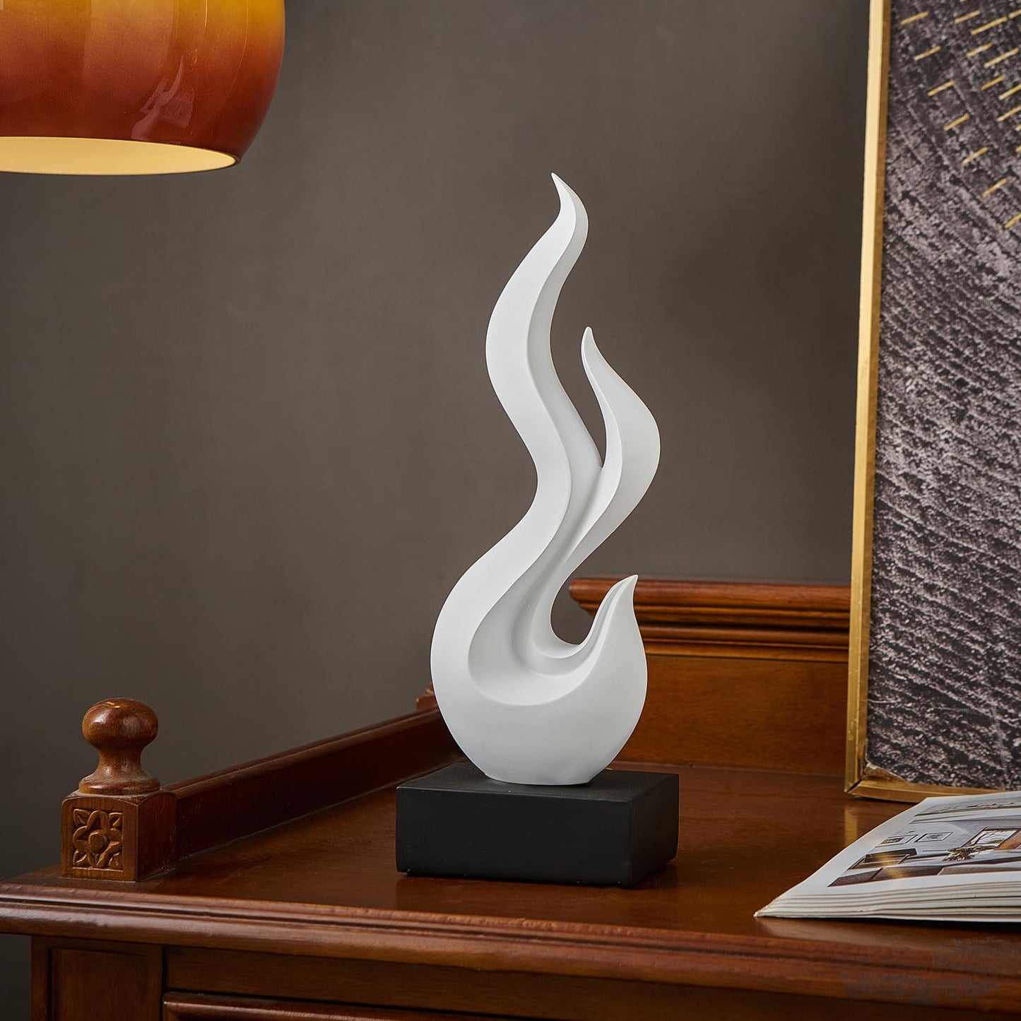 Modern Abstract Art Table Decoration, Gold Decor Flame Statue for Living Room Home, Black Shelf Decor Accents, Abstract Art Resin Sculpture for Dining Room, Office & Coffee Table Centerpiece (White)