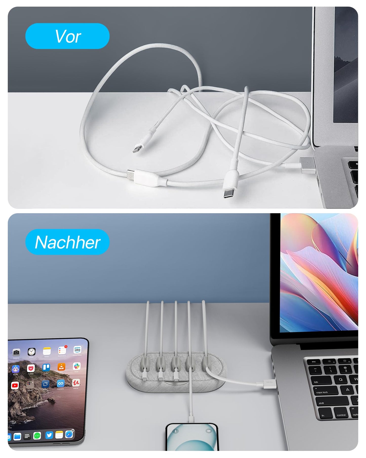 Cable Management, Magnetic Cord Organizer, Desk Cord Holder Wire Keeper with 6 Magnetic Cable Clips, Charger Cord Management for Home Office, Lightning/USB C/Micro Cable, White