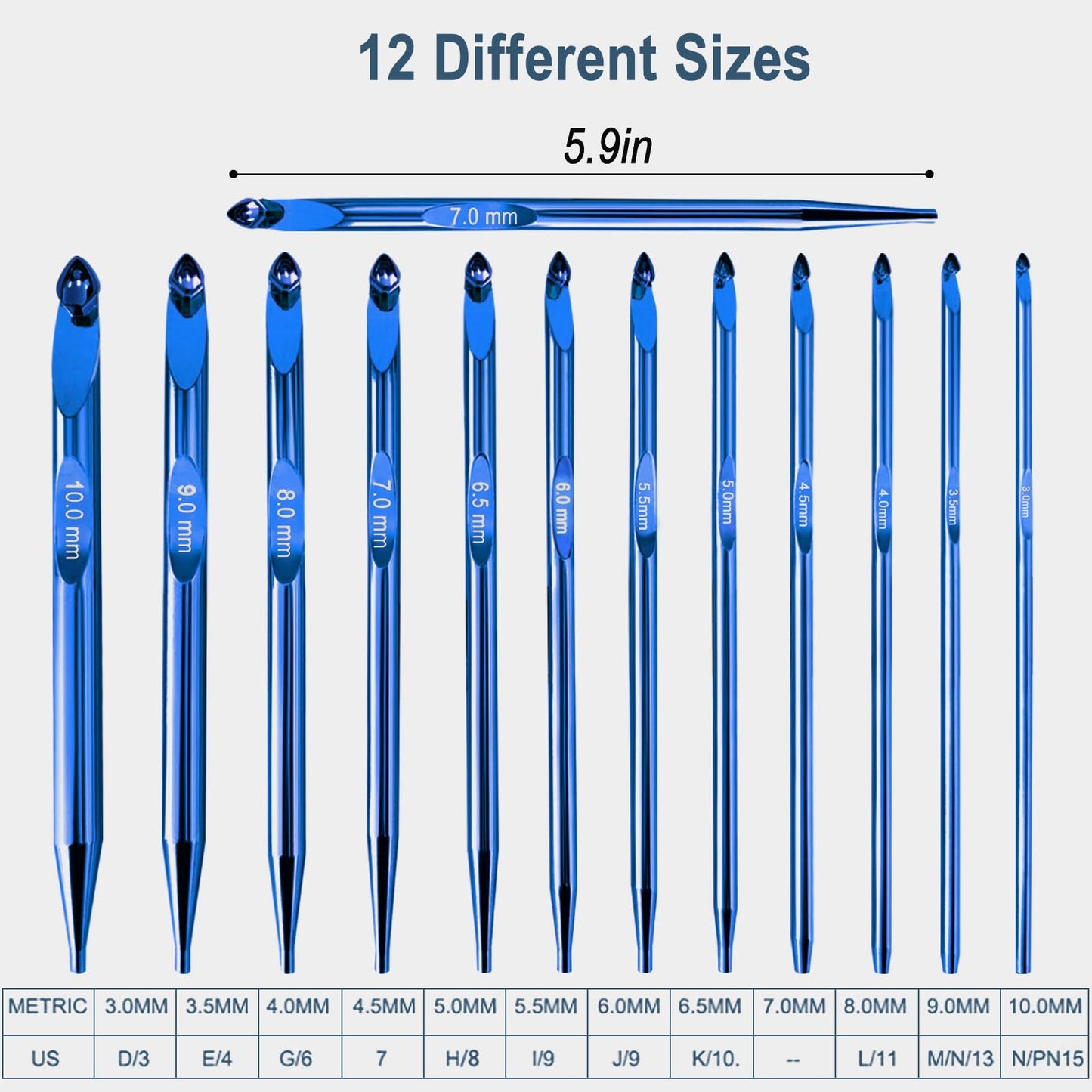 Tunisian Crochet Hooks Set Interchangeable with Case - 26pcs Metal Afghan Knitting Needles Kit 3mm-10mm with Long Cable & Ergonomic Grips, Blue