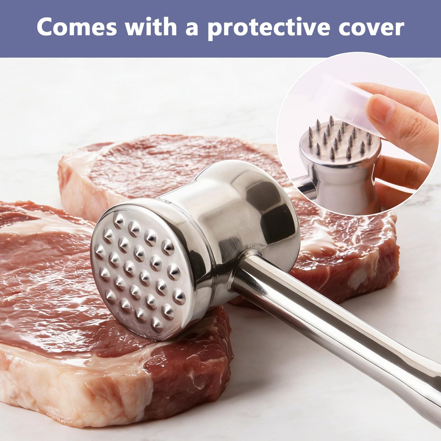 Dual-Sided 2-in-1 Stainless Steel Meat Tenderizer Tool, Meat Mallet Hammer with Meat Tenderizer Needles, Professional Kitchen Tool for Tenderizing Steak, Chicken and Beef, Easy-Grip Easy to Clean