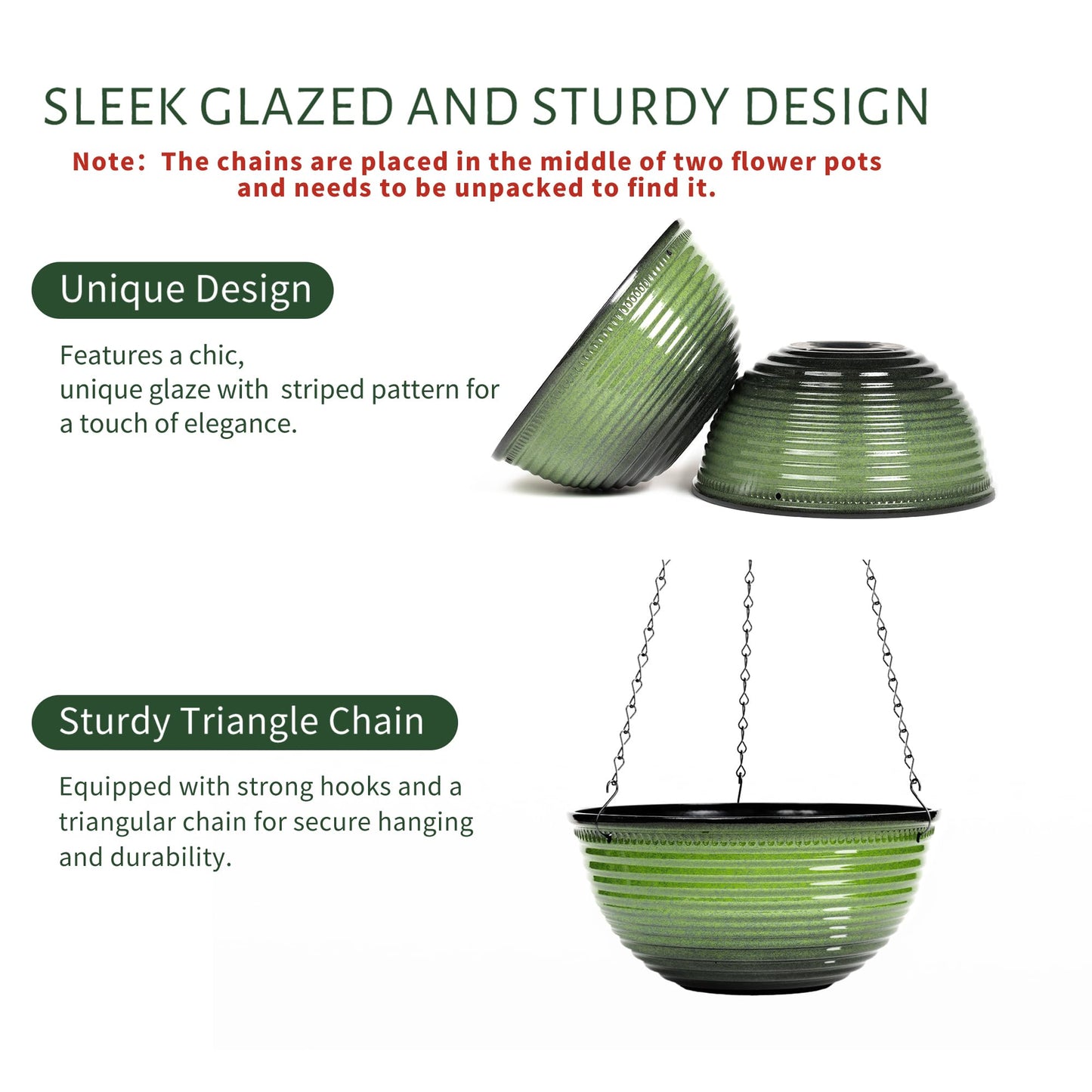 Vanslogreen 10 Inch Hanging Planter, 2 Pack Hanging Planters for Indoor Outdoor Plants, Hanging Pots with Drainage Holes for Garden Home (Green)