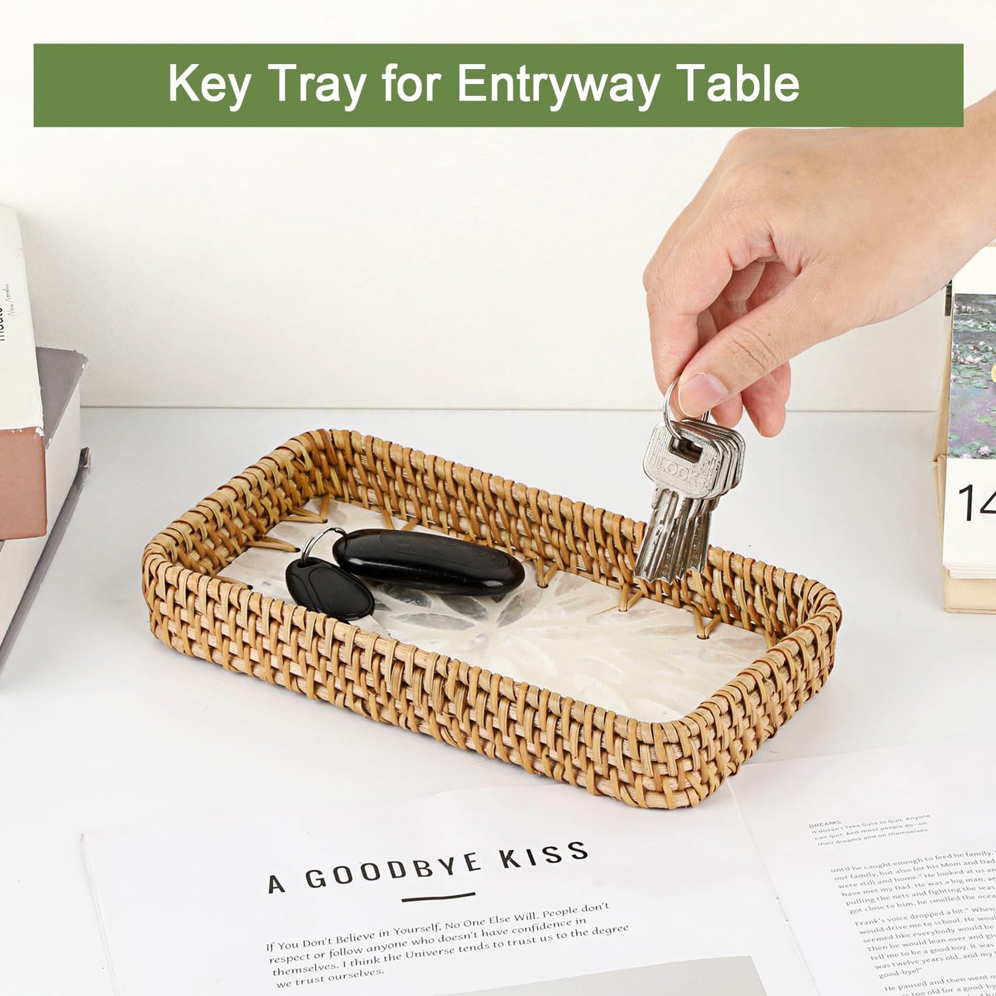 GUSHBIN Decorative Key Basket for Entryway Small Handwoven Rattan Tray Rectangular Key Holder Tray Wicker Basket Organizer for Keys Remote Control Jewelry, White