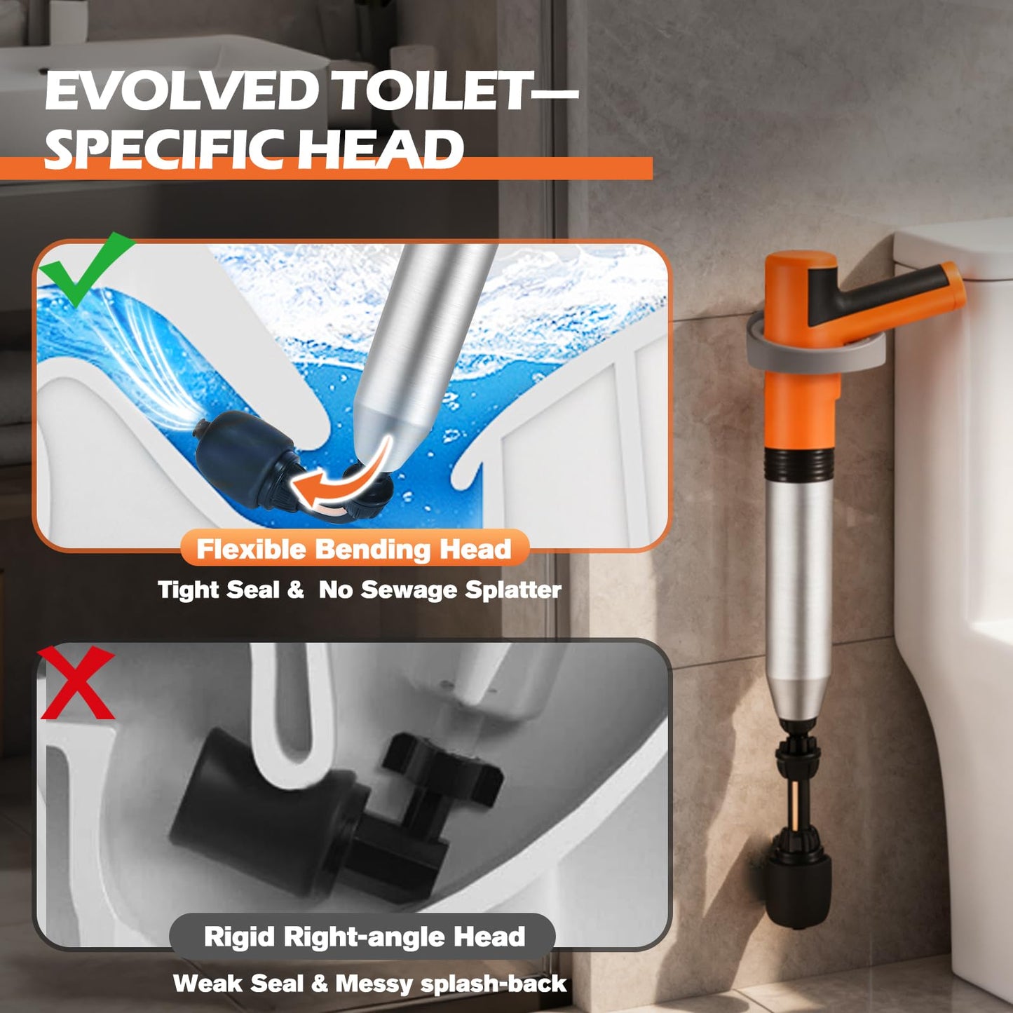 Electric Toilet Plunger, High Pressure Toilet Snake Drain Clog Remover, Splash-free Unclogger with Drain Snake Auger, Plungers for Bathroom Heavy Duty, Versatile Air Blaster Unclogger Kit (Orange)