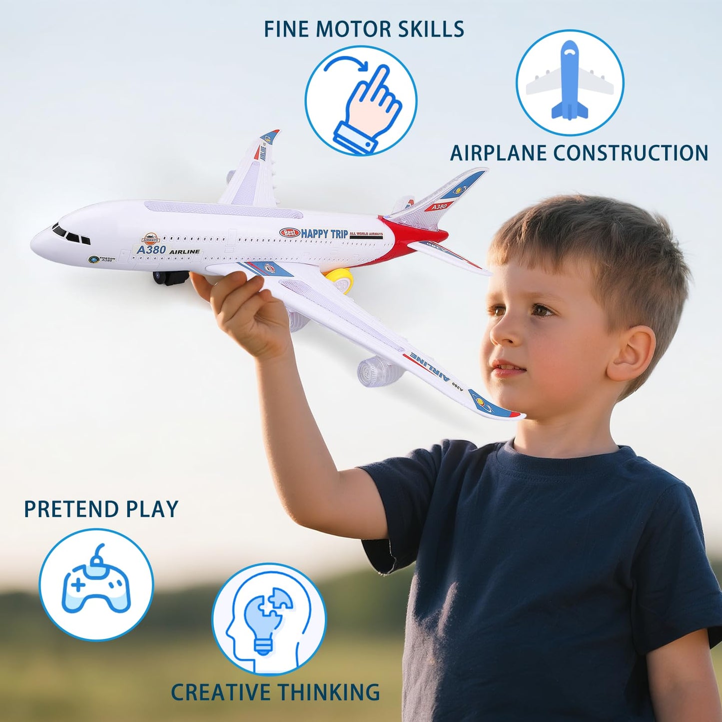 AtomDream Tech Bump and Go Airplane Toy with 4D Lights & Sounds, Realistic Moving Plane with Automatic Direction Change, Interactive Aircraft Toy for Boys & Girls Ages 3–12, (Red)