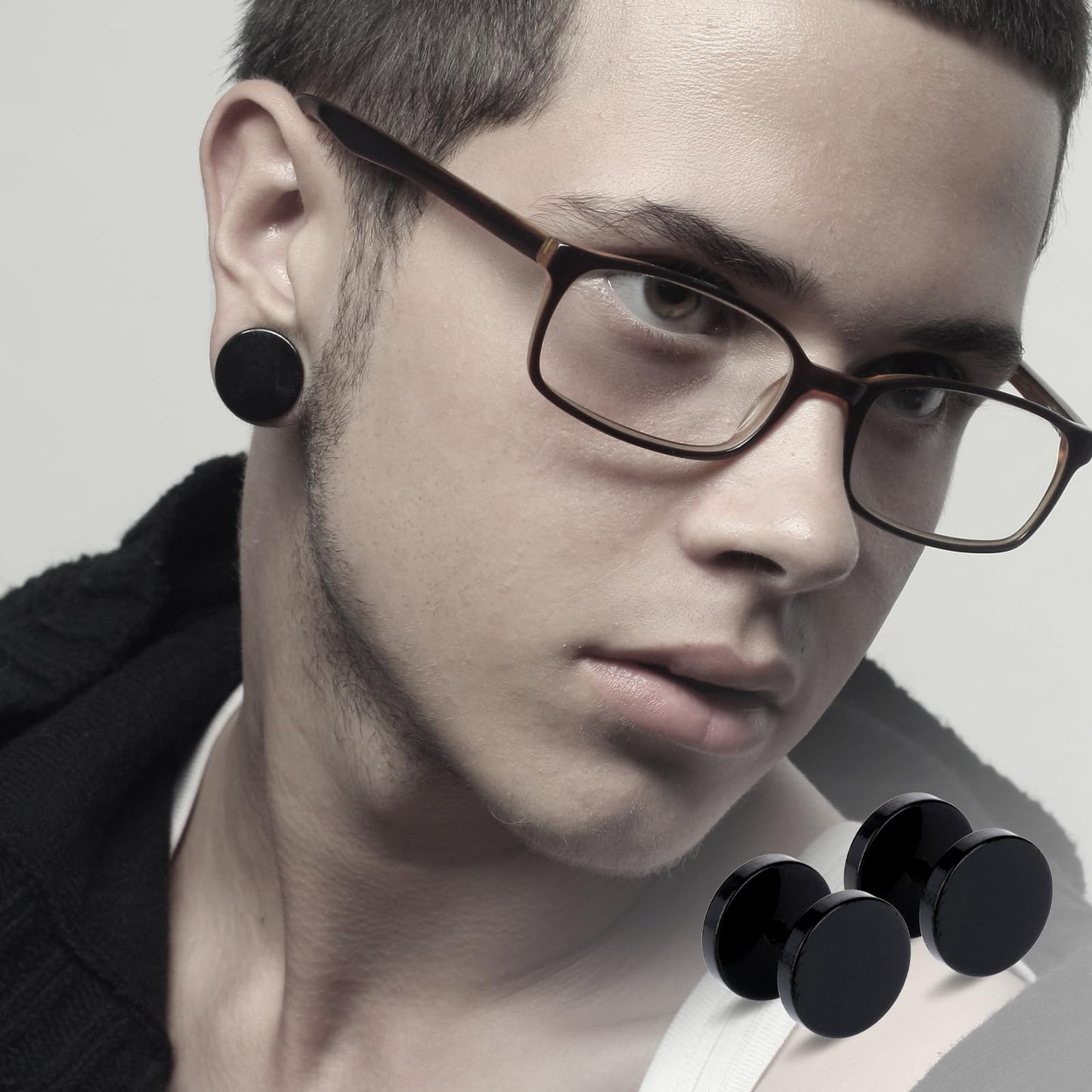 6 Pairs Black Stud for Men Women Fake Gauges Dot Earrings 4-10mm Round Ear Studs