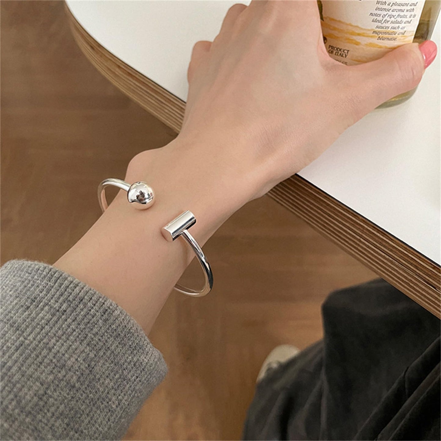 Handmade 925 Sterling Silver Bangle Bracelets For Women T-Shaped Open Cuff Bangles Simple Silver Bangle Bracelets Open Adjustable Bangles For Women Stackable Minimalist Bangle Jewelry Gifts For Women