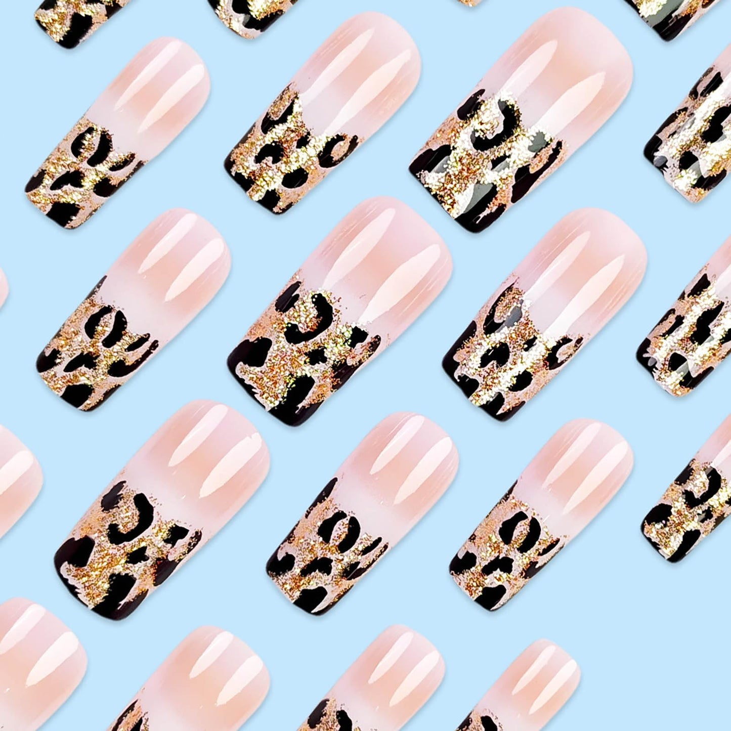 RUOKEXIN Medium Square Press on Nails French Tip Fake Nails Glitter Ombre False Nails with Leopard Designs Medium Nail Press ons Sparkly Artificial Nails Cute Stick on Nails for Women 24Pcs