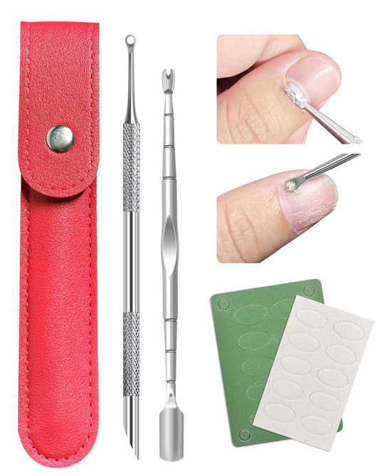 Cuticle Pusher, Pre-treatment Cuticle Pusher, Stainless Steel Loop Cuticle Pusher Dead skin fork, Cuticle Nail Tool with 100#/240# Grit Nail Files and 1 Pcs Storage Bags, For Salon & Home Use (2 Pack)