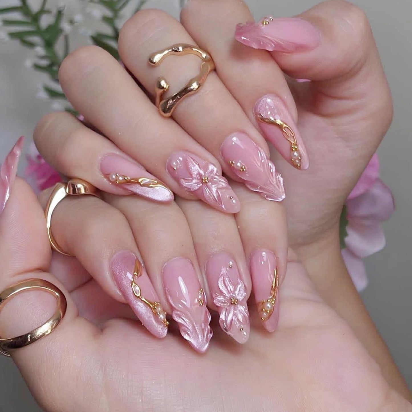 IMRAIN Almond Press on Nails, Medium Fake Nails, 3D Sculpted Pink Flower Gold Chrome, 24Pcs Reusable Glue on Nails for Women, Salon Quality