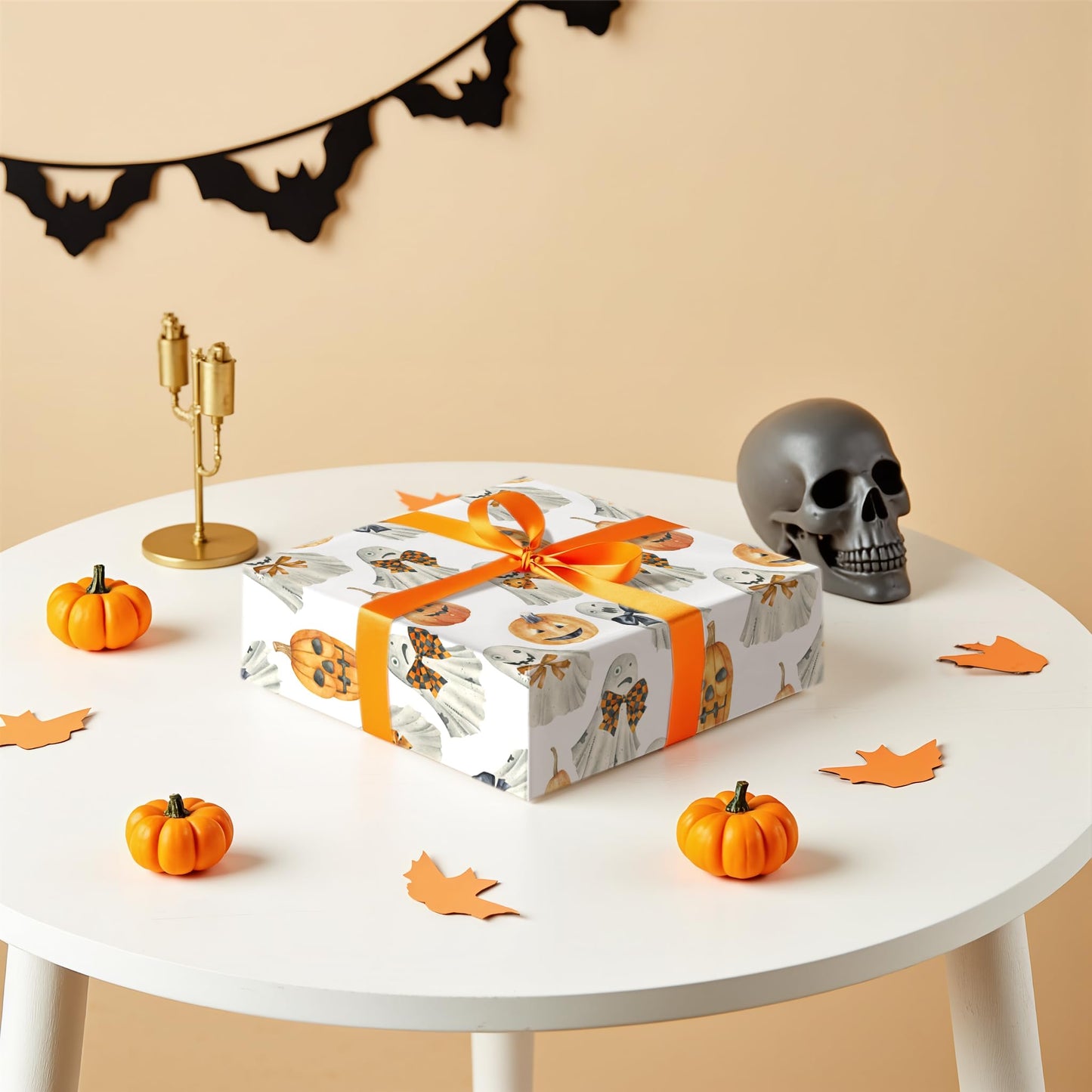 LeZakaa Halloween Wrapping Paper Roll 13" Gift Bag with Tissue Paper, Gift Tag, and Card, Evil Pumpkin Fluorescent Black Design