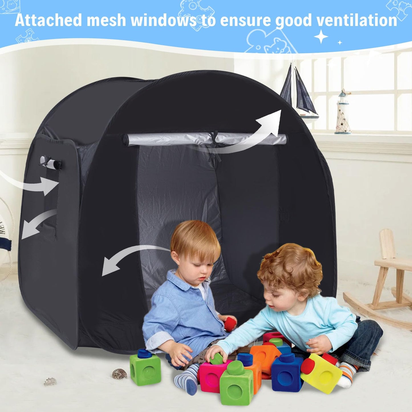 Kids Pop-up Sensory Tent, Foldable Blackout Tent for Children with Autism and ADHD, Calm Corner with Cognitive Toys Included, with Mesh Windows， Ideal for Kids with Special Sensory Needs
