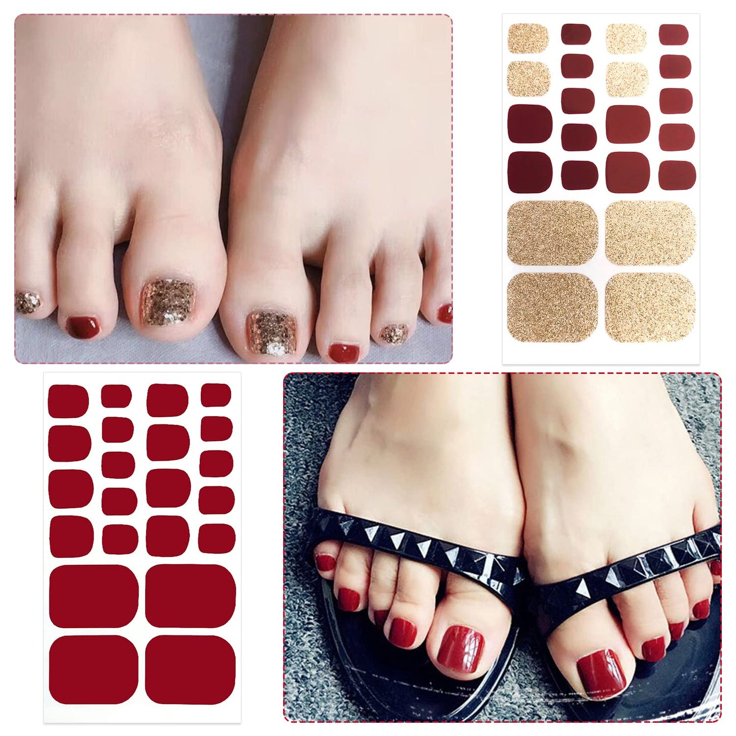 YECIRALA 440 Pcs Red Solid Toe Nail Polish Strips, 20 Sheets Full Cover Toenail Stickers Self-Adhesive Nail Wraps for Women Girls DIY Nail Art Toenails Stickers Stick On Nails Polish Wraps