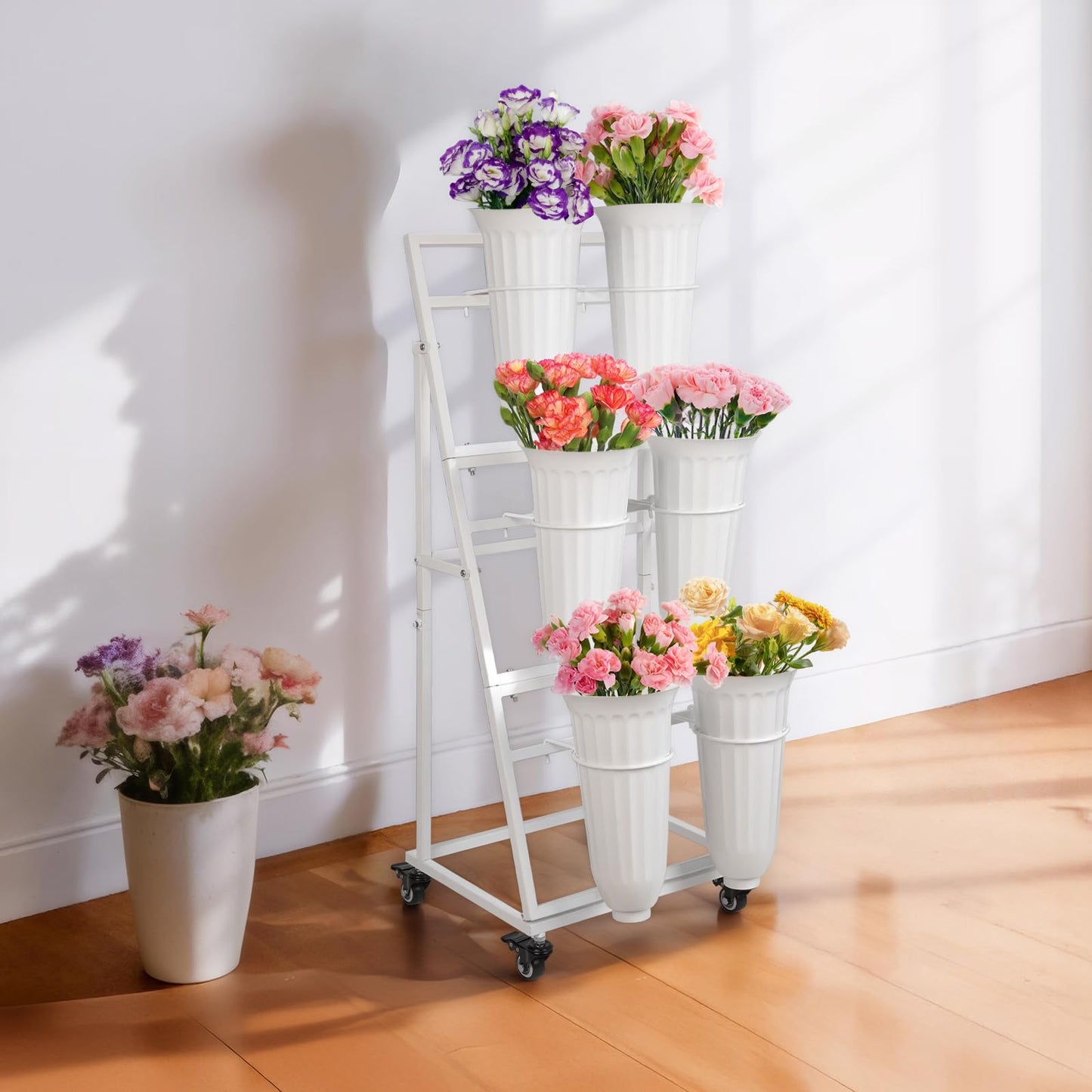 ZpigToor Flower Display Stand With 6 Buckets,Flower Bar with Wheels,Flower Cart Display Stand for Florist Garden Wedding Home Decor (White)