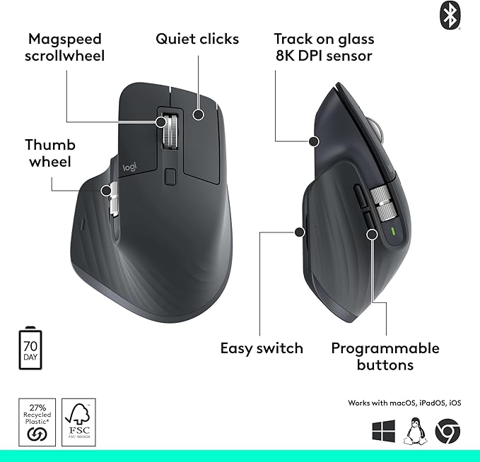 Logitech MX Master 3S Bluetooth Edition Wireless Mouse, No USB Receiver - Ultra-Fast Scrolling, Ergo, 8K DPI, Track on Glass, Quiet Clicks, Works with Apple Mac, Windows PC, Linux, Chrome - Graphite