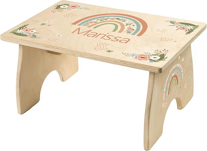 Step Stool for Toddlers- Personalized Wood Kids Step Stool with Name for Kitchen Sink, Bathroom, Potty Training, Toilet, Kitchen Sink- Sturdy and Safe- Made in USA by BloomOwl (Rainbow- Floral)