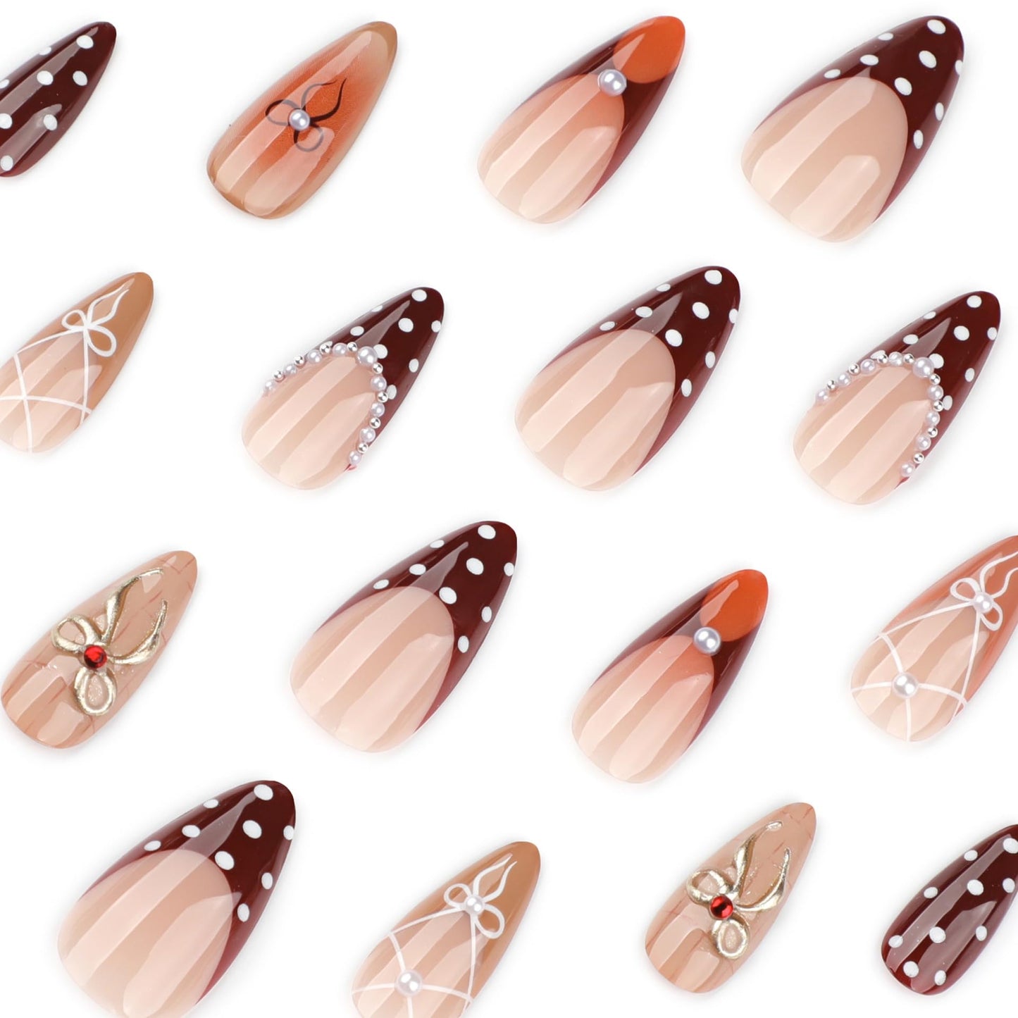 Almond Press on Nails Medium - Spot Fake Nails with Bow Design - Pearl False Nails Press Ons - for Women Manicure 24 Pcs