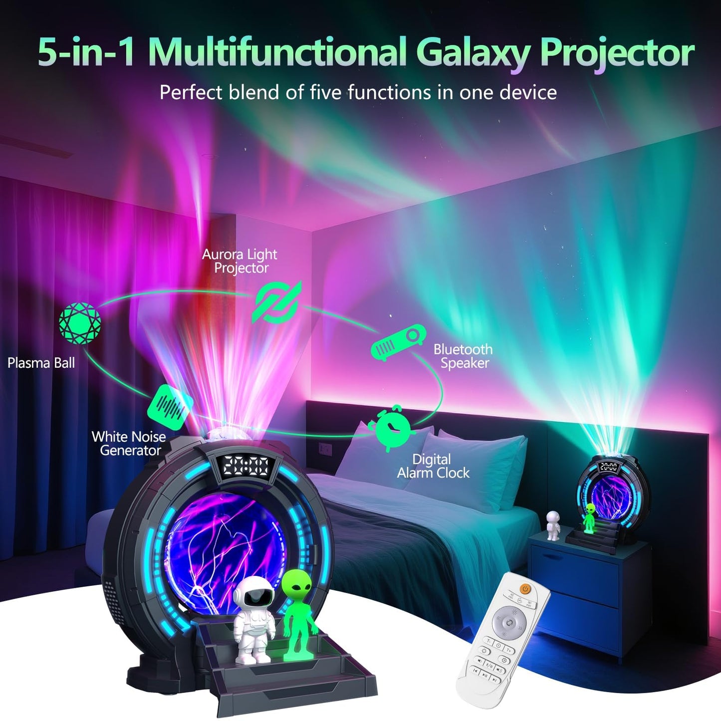 Roujune Galaxy Projector with Plasma Ball, 8 Aurora Lights, White Noise Machine, Bluetooth Speaker, Timer Alarm Clock, Remote Controlled Night Light for Bedroom, Kids/Adults, Party