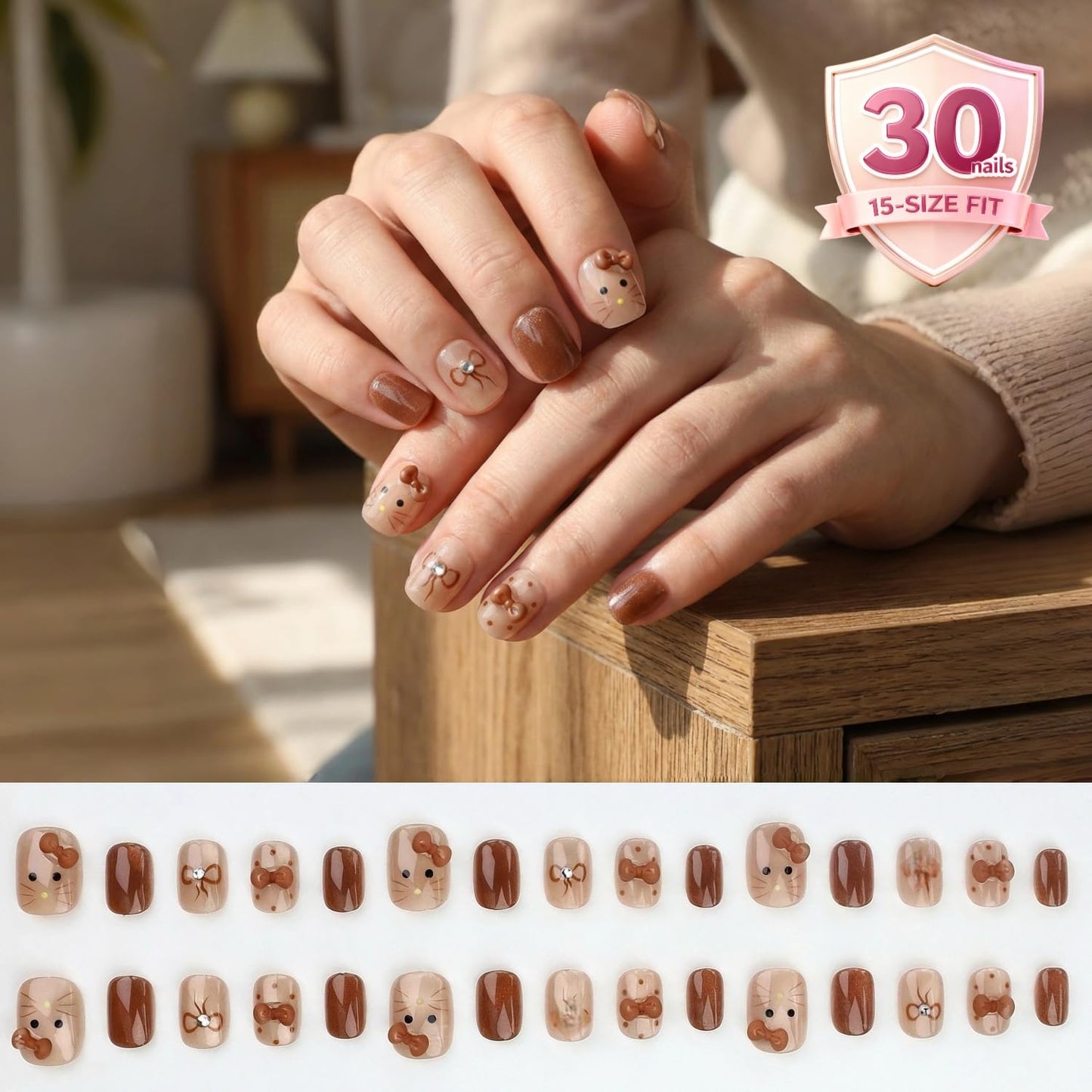 3D Cute Bow Brown Press On Nails, Short Square Nude Cartoon Style Fake Nails, Glossy Chocolate Brown On Nails for Women, Easy to Apply Reusable, 30 PCS Set (The sizing runs small)