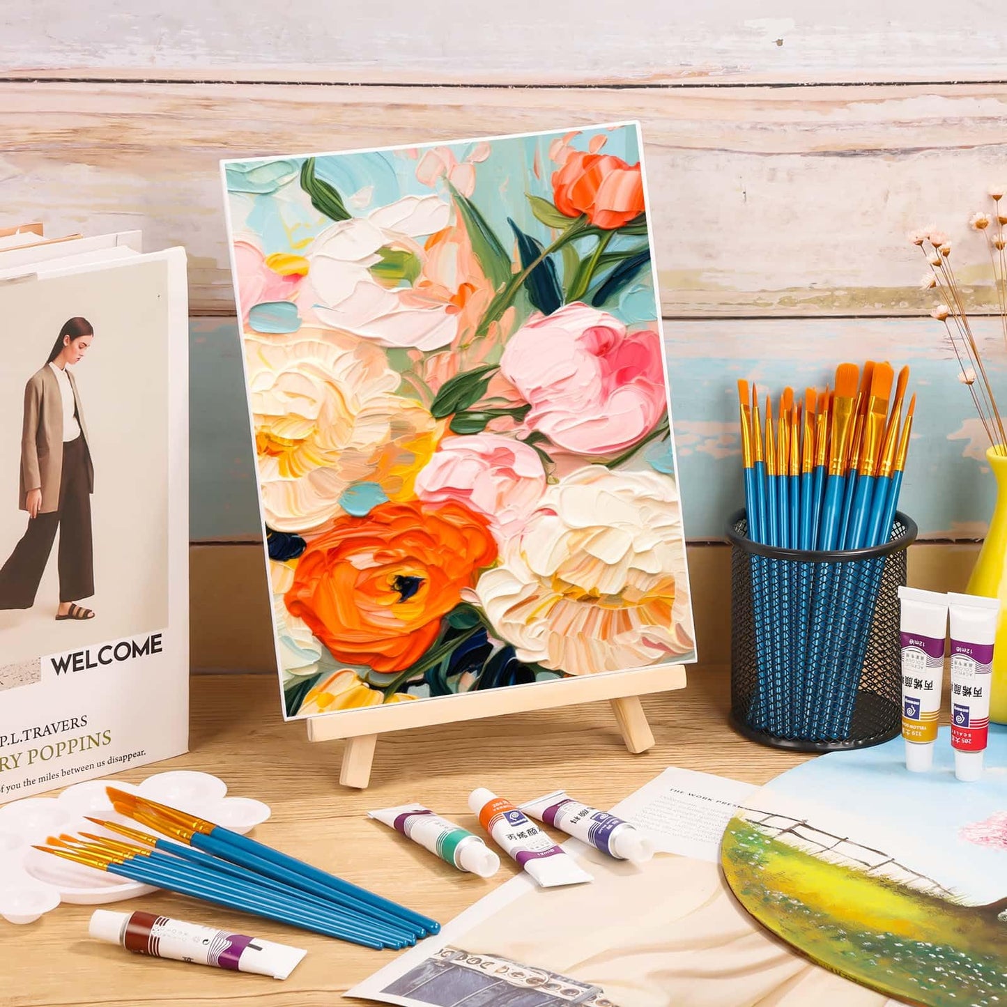 54 Pack Canvas with Easel Set 8 x 10 Inch Canvas Boards with Wooden Easels, Paint Brushes Canvas Panel Painting Kit for Acrylic Oil Watercolor Beginners Art Crafts Sip and Paint Party