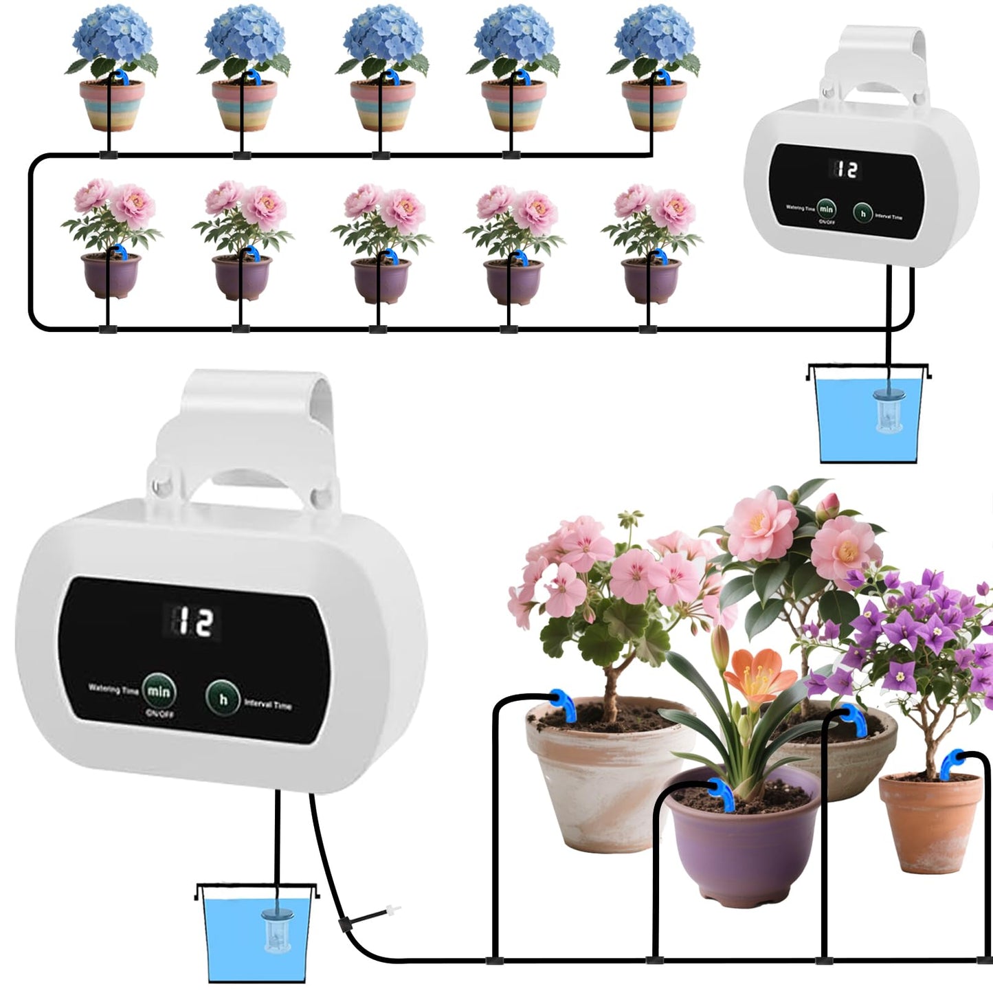 Lewisia Automatic Drip Irrigation Kit with Timer for 10 Potted Plants Self Watering System DIY Plant Waterer Auto-Irrigation Set for Garden Raised Beds Patio Lawn Greenhouse